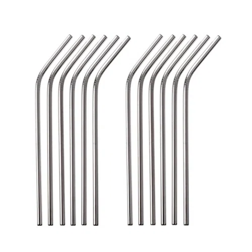 12 teilig Edelstahl Trinkhalm Set Silber Gebogen